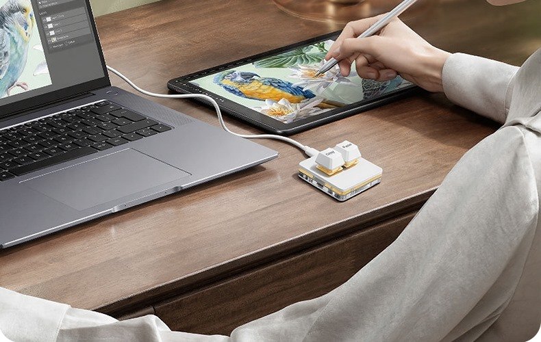 Two-Key Macro Pad beside a laptop and drawing tablet